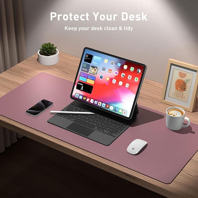 Aothia Leather Desk Pad Protector, Mouse Pad, Office Desk Mat, Non-Slip PU Leather Desk Blotter, Laptop Desk Pad, Waterproof Desk Writing Pad for Office and Home (48"x17", Dark Pink)