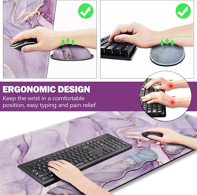 Upgraded Extended Gaming Mouse Pad, Keyboard Wrist Rest Pad, Wrist Support Mousepad Set, Artso Large Stable Rubber Base Stitched Edges, Multifunctional Desk Pad (35 x15.5 in), Purple Blue Marble