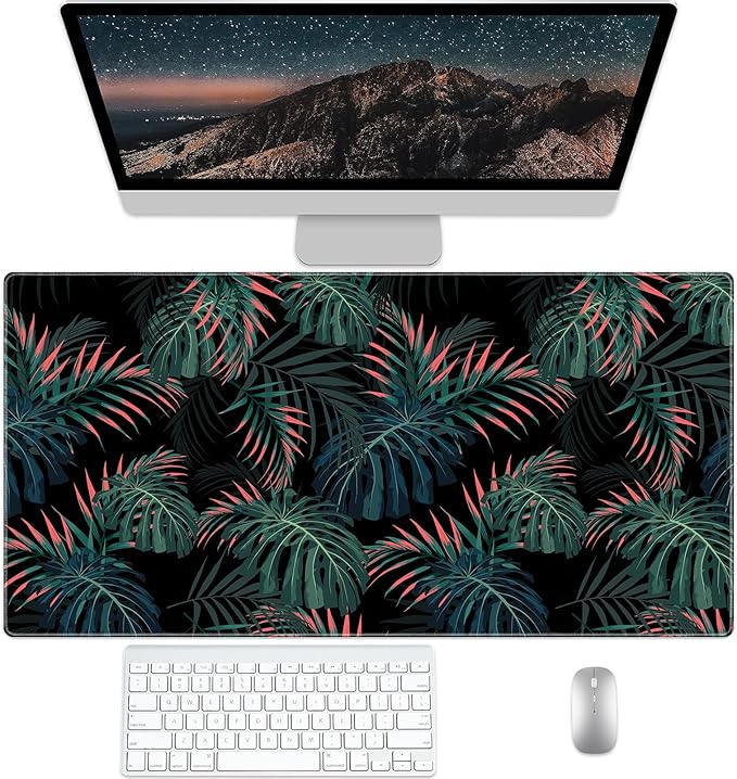 Gaming Flowers Plants Background Pattern Desk Mat Black Background Large Extended XXL Non-Slip Laptop Computer Mouse Pad (31.5" x 15.7")