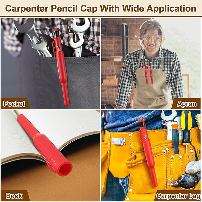 Hiboom 2 Pack Solid Carpenter Pencils with Pencil Cap and 18 Refills, Long Nose Deep Hole Mechanical Pencil Marker, Scribe Tool with Built-in Sharpener for Construction Woodworking Architect (Red)