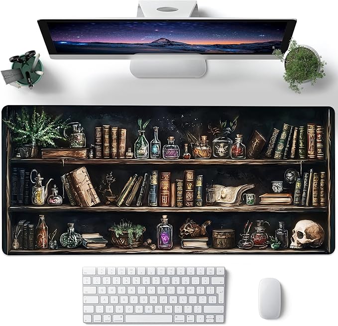 Desk Pad, Black Academia Fantasy Bookshelf Goth Skull XXL Gaming Mouse Pad with Stitched Edges,Non-Slip Waterproof Rubber Base Large Desk Mat for Keyboard and Mouse 35.4"x15.7"