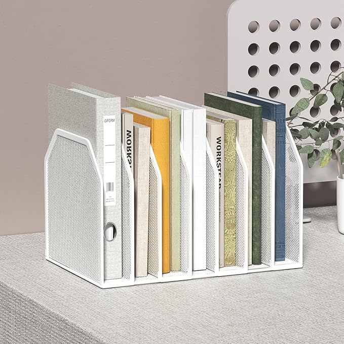 Metal 7 Section File Folder Organizer for Desk | Vertical Office File Holder | Heavy-Duty Mesh Document Sorter for Books, Binders, Laptops | White Desk Organizer (12.8”x8.5”x7.9”)