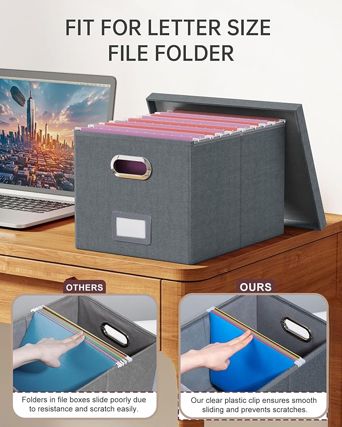 2 Pack File Storage Organizer, Filing Box, Portable File Box with Lid, Fit for Letter/Legal File Folder Storage, Document Organizer, Dark-gray