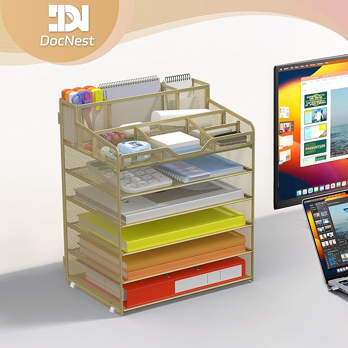 Docnest 6 Tier Mesh Desk Organizer for Paper Office Supplies – Multi-Functional Letter Tray with 5 Adjustable Compartments, 3 Pen Holders, Desktop Storage for Files, Mail, Stationery – Gold Yellow