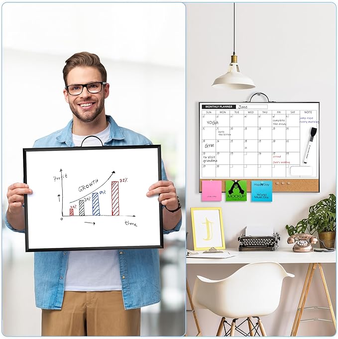 ARCOBIS Calendar Whiteboard Cork Board Combination for Wall, 12"x16" Double-Sided Monthly Dry Erase Calendar, Magnetic White Board for Planning, Office, School, Home, Black