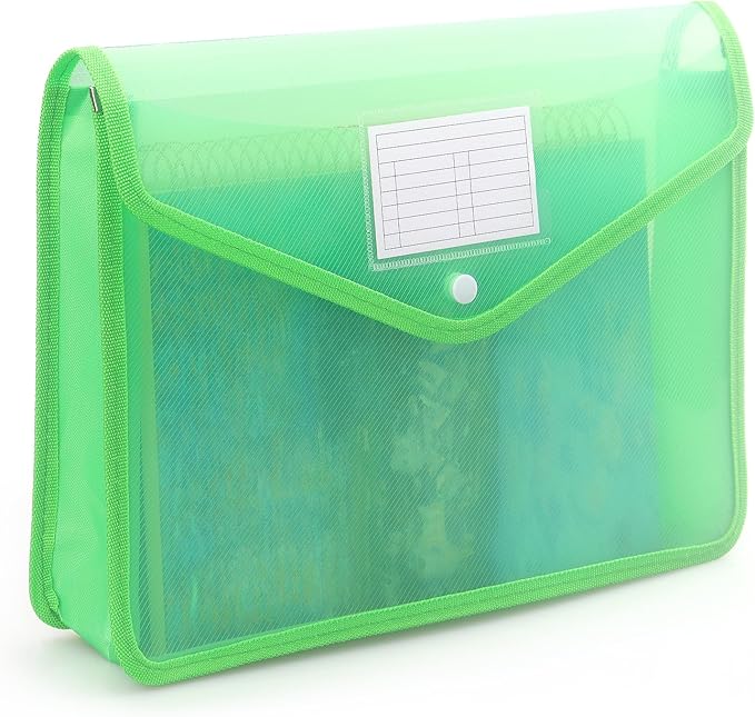 Plastic Expanding File Folder, Transparent envelopes with Snap Closure, No Dividers, Large Capacity, Fit Letter/A4 Size (Green)