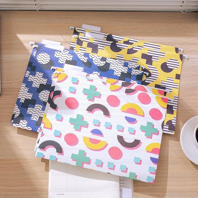 6 Pack Hanging File Folder Letter Size Reinforced Hanging Folders with 1/5-Cut Adjustable Tabs File Folders for Filing Cabinet Organizer for Office Home, Memphis Design