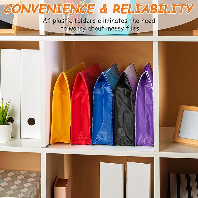 CHEPULA 5Pack A4 Plastic File Wallet Envelope Expanding File Folder Document Organizer with Snap Closure & Label Pocket Clear Colored Waterproof Accordion File Pouch for Office Home