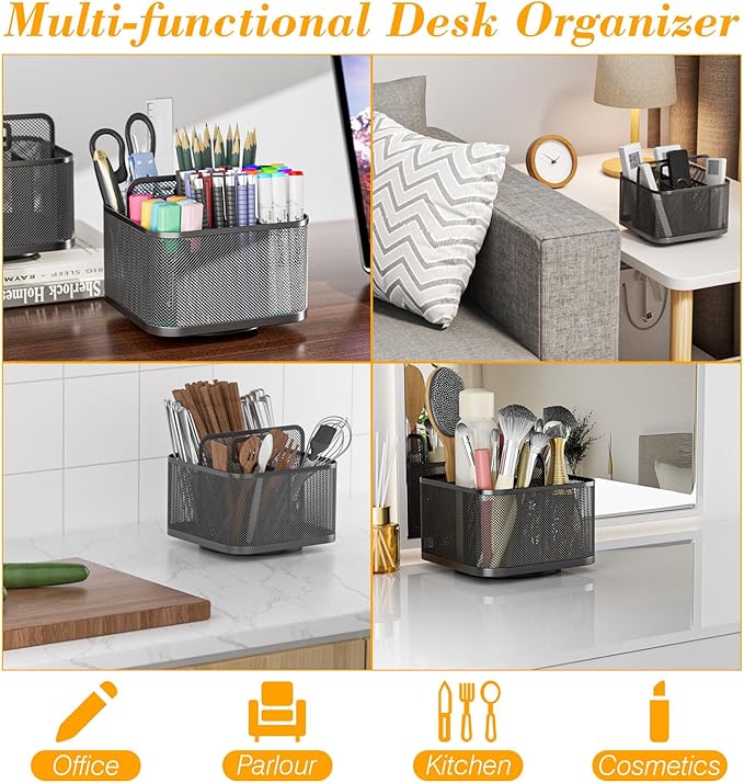 LUCYCAZ 360 Rotating Metal Pencil Pen Holder for Desk, Rotating Pencil Cup with 5 Slots, Dual-Purpose Desk Pen Organizer for Office, School, Home, Square