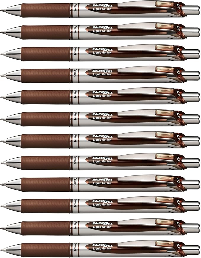 Pentel EnerGel RTX Retractable Liquid Gel Pen, (0.7mm) Metal Tip, Medium Line, Brown Ink, 12 pack (BL77-E)