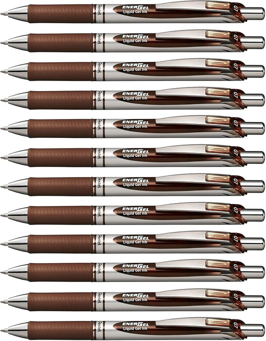 Pentel EnerGel RTX Retractable Liquid Gel Pen, (0.7mm) Metal Tip, Medium Line, Brown Ink, 12 pack (BL77-E)