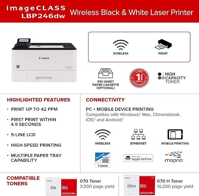 Canon imageCLASS LBP246dw - Monochrome Duplex, Wireless Laser Printer, Single Function, Mobile Ready, with 1 Year Limited Warranty, 42 PPM, White