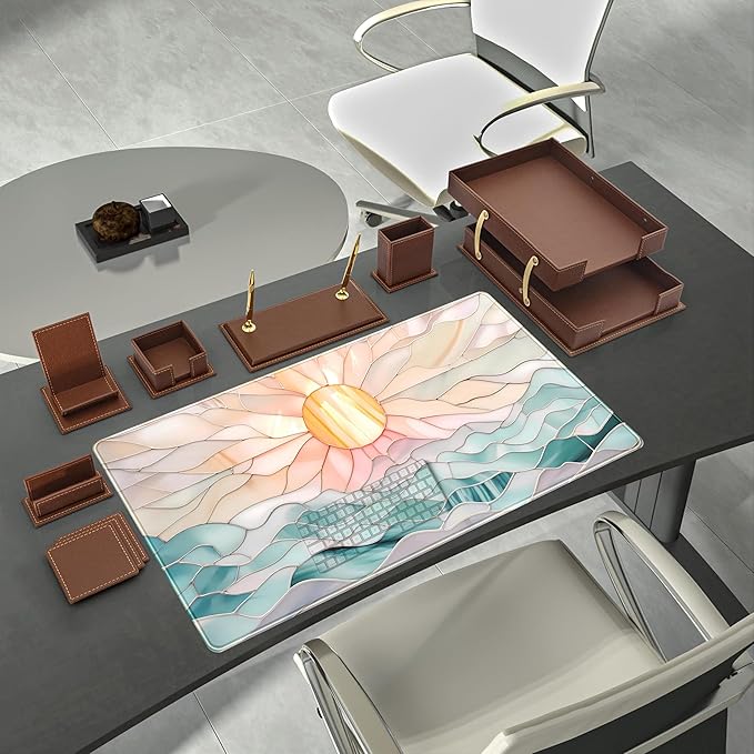 Desk Mat Gaming Desk Pad Large Mouse and Keyboard Pad, Abstract Serene Ocean Sunrise Mouse Mat XXL, Pastel Desk Protector Mat Computer Mats for Desktop Sun & Waves Office Decor 31.5" x 15.7"