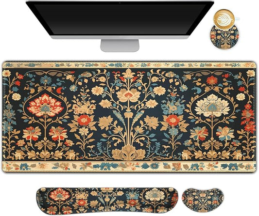 ARTSO Desk Mat Set - Extended Gaming Mouse Pad with Wrist Rest Support + Keyboard Wrist Rest + Large Coaster, Retro Flower Plant