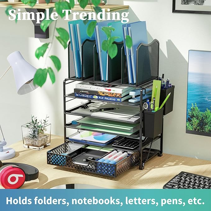 Simple Trending 5 Tier Mesh Desk File Organizer, Paper Letter Tray File Holder with Sliding Drawer Organizer for Office Home, Black