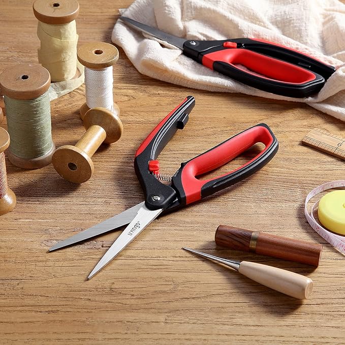 LIVINGO 10" Spring Action Fabric Scissors, Professional Sewing Scissors for Tailor Dressmaker, Spring Loaded Heavy Duty Shears for Fabric Crafting with Comfort Handle, All Purpose (Red/Black)