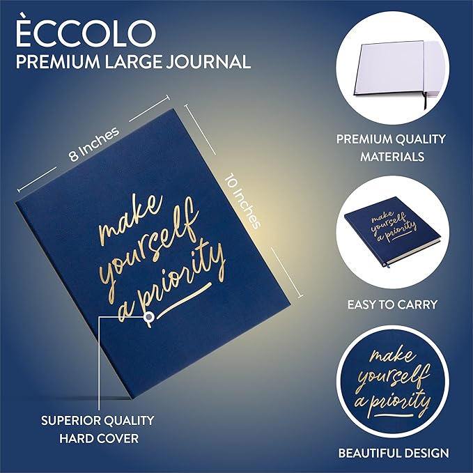 Eccolo Large Lined Journal Notebook, Hardbound Cover, Writing Journal, 256 Ruled Ivory Pages, Ribbon Bookmark, Lay Flat, Desk Size, Make Yourself A Priority (Navy Blue, 8x10 inches)
