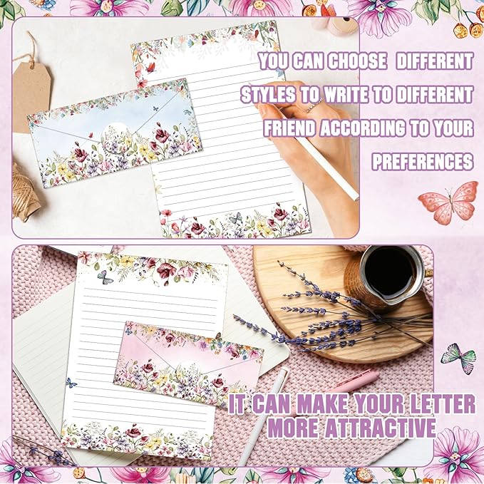 TaoBary 160 Pcs Stationery Paper Set 50 Double Sided Stationery Papers with 50 Matching Envelopes and 60 Round Dot Sticker, 10 Design(Wildflower,8.5 x 11 Inch)
