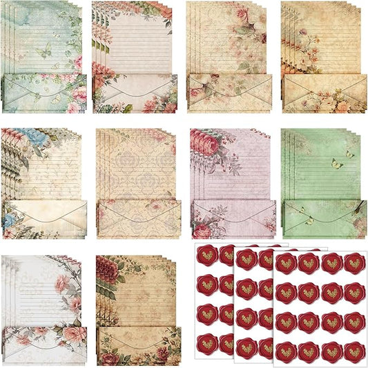 TaoBary 160 Pcs Stationery Paper Set 50 Double Sided Stationery Papers with 50 Matching Envelopes and 60 Round Dot Sticker, 10 Design(Vintage Floral,8.5 x 11 Inch)