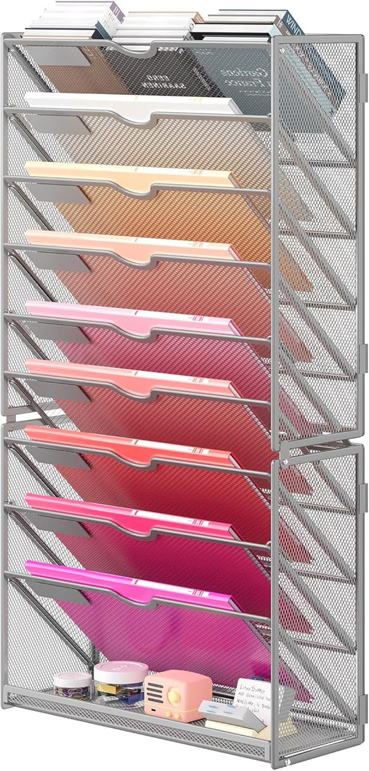 Lavatino 10-Tier Hanging Wall File Folders Organizer - Silver Metal Mesh Paper Magazine Document Mail Holder File Organizer for Office School Home Wall Mount or Desk Supplies Organization
