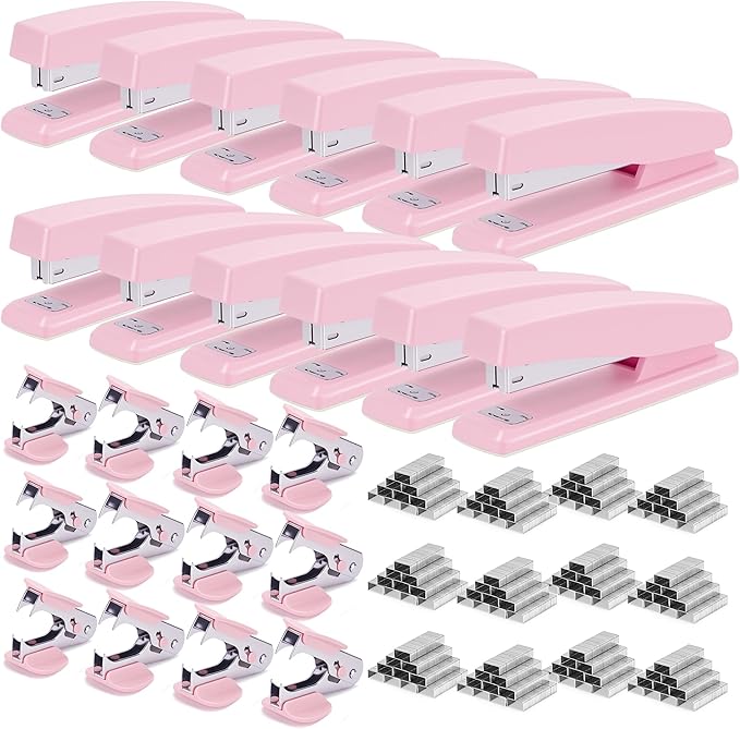 Deli Stapler, 12 Pack Staplers with 12000 Staples and 12 Staple Removers, Staplers for Desk, 25 Sheet Capacity, Pink