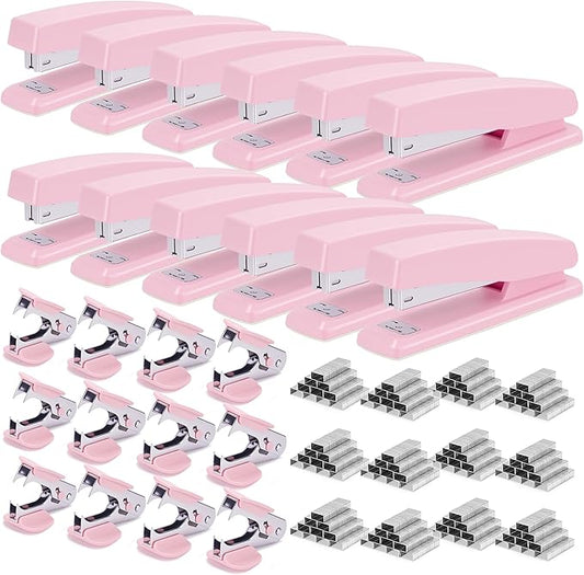 Deli Stapler, 12 Pack Staplers with 12000 Staples and 12 Staple Removers, Staplers for Desk, 25 Sheet Capacity, Pink