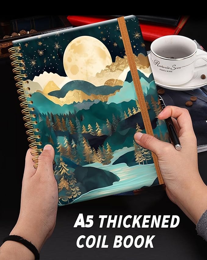 Ruled Spiral Writing Notebook,A5 Hardcover Lined College Journal for Women Lady Girl,Strong Twin-Wire Binding with Premium Paper,8.4" X 6",Perfect for School,Office,Home Gifts(mountain natural
