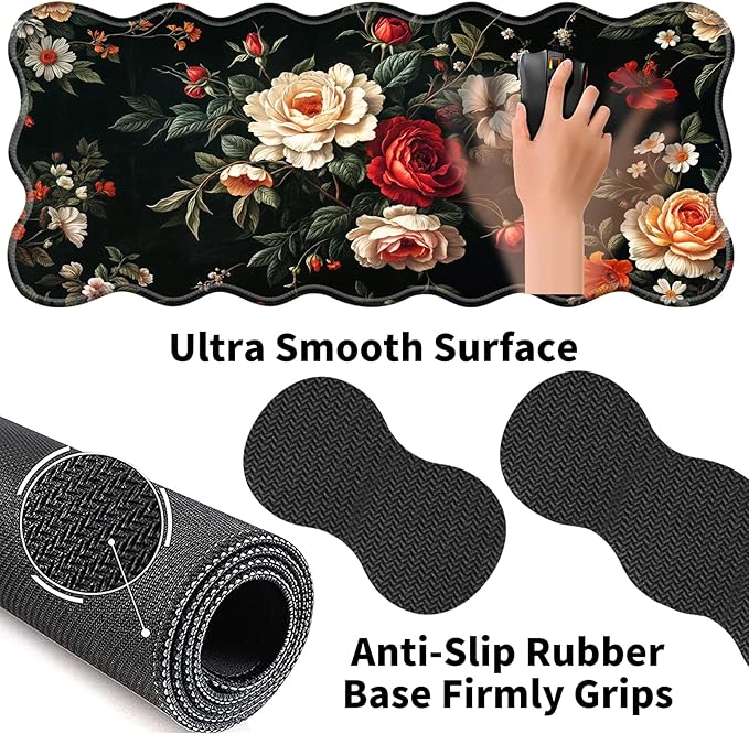 Office Mouse Pad Set with Wrist Support, Large 31.5"x11.8" Desk Mat, Ergonomic Memory Foam Keyboard Wrist Rest, Non-Slip Durable Mouse Pad for Work & Home, Beautiful Flowers
