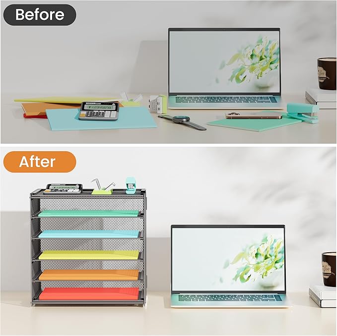 6 Tier Paper Organizer, Metal Mesh Desk File Folder File Folder Paper Letter Tray Desktop Document Sorter for Classroom, School, Office Accessories Organization and Storage - Gray