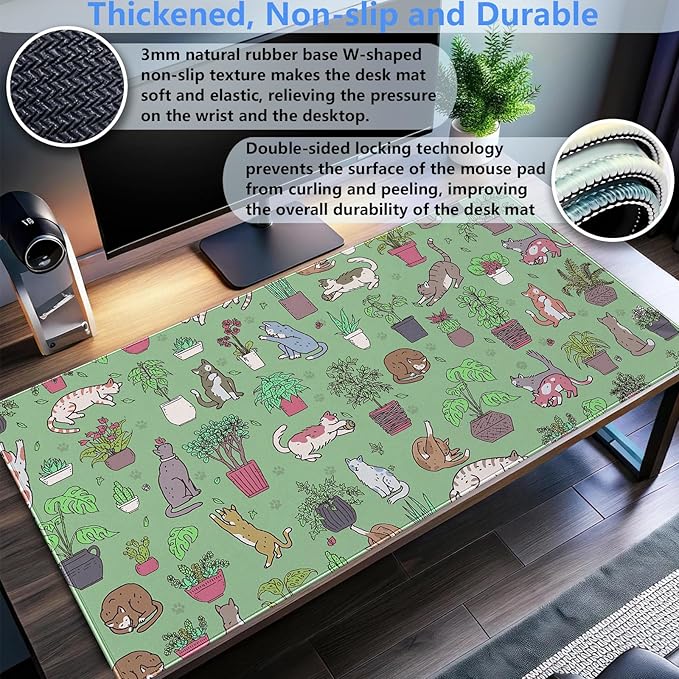 Cat Mouse Pad Green Desk Mat XXL Large Gaming Mousepad Sage Green Mouse Pads Cute Kawaii Bohemian Computer Mat Keyboard and Mouse Pad Office Desk Decor 31.5 x 15.7 in