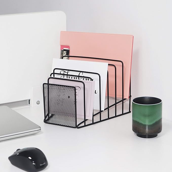 2 Pack Multi Step File Organizer Incline Desktop File Sorter Metal Wire Mesh Step File Letter Sorter, 7 Sections, Black