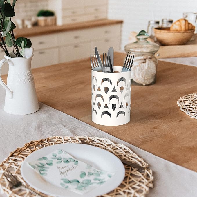 Mango Steam Metal Pen Holder, Makeup Brush Cup Organizer for Office, Bathroom, Vanity (White, Peacock)