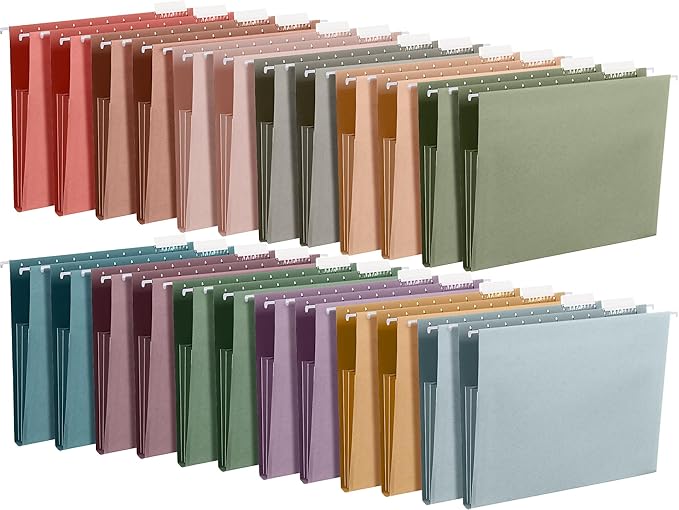 Yaomiao 24 Pack Hanging File Folders 3 Pleats Letter Size File Cabinet Folders with 1/5-Cut Adjustable Tabs Expandable Document Cabinet Colored for Home Desk Office Organization(Morandi Color)