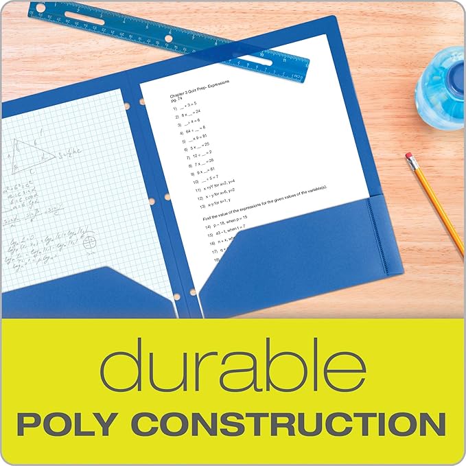 Oxford 2 Pocket Folders, Plastic Portfolio, Folder for School and Office, 2-Pocket Paper Organizer, 3 Hole Punch, Letter Size, Asst. Colors (Blue, Green, Yellow, Orange, Red, Purple), 6 Pack (14187)