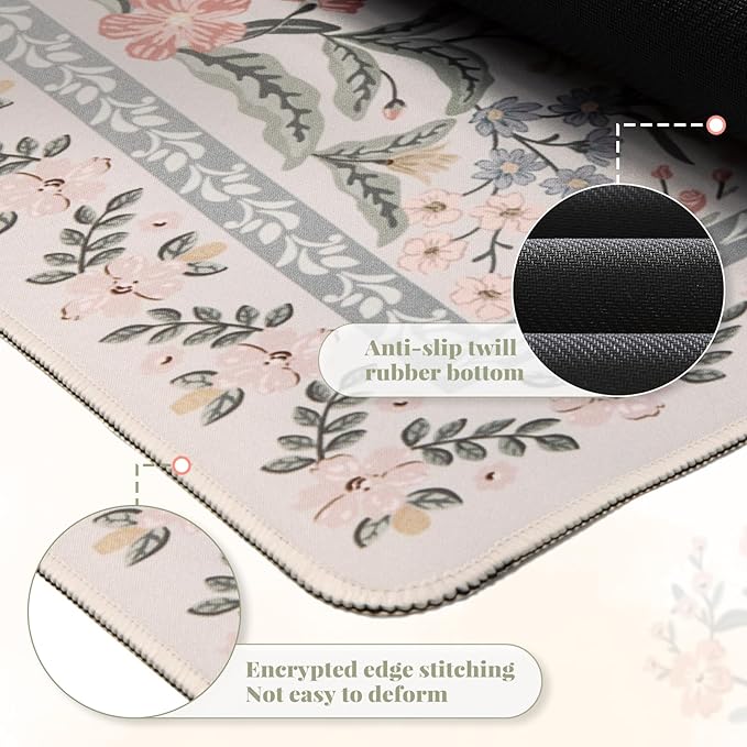 HAOCOO Floral Desk Mat, Large Mouse Pad for Desktop, Big Mouse Pad with Non-Slip Rubber Base, Waterproof Computer Pad with Stitched Edges, Desk Cover Mat for Office (Grey)