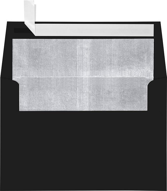 LUXPaper A4 Foil Lined Invitation Envelopes | Peel & Press | 4 1/4" x 6 1/4" | Black w/Silver LUX Lining | 80lb. Text | 50 Qty