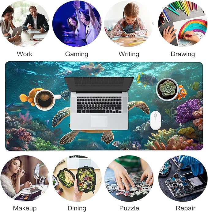 Desk Pad, Cute Cartoon Sea Turtle XXL Gaming Mouse Pad with Stitched Edges,Non-Slip Waterproof Rubber Base Large Desk Mat for Keyboard and Mouse 35.4"x15.7"