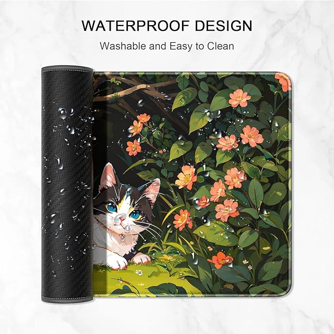 Auhoahsil Large Mouse Pad, XXL Gaming Mousepad, Desk Mat for Desktop, Thick Rubber, Big & Long Size, Stitched Edges, Full Desk Pad for Laptop & Computer, Extended 35.4 x 15.7 in, Cat Shrubbery