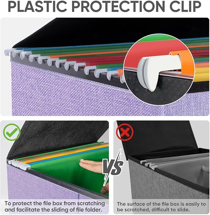 BALEINE File Organizer Box with Lid, Collapsible File Folder Organizer with Plastic Slide, Hanging File Folder Box for Office Document Storage (2 Pack, Purple)