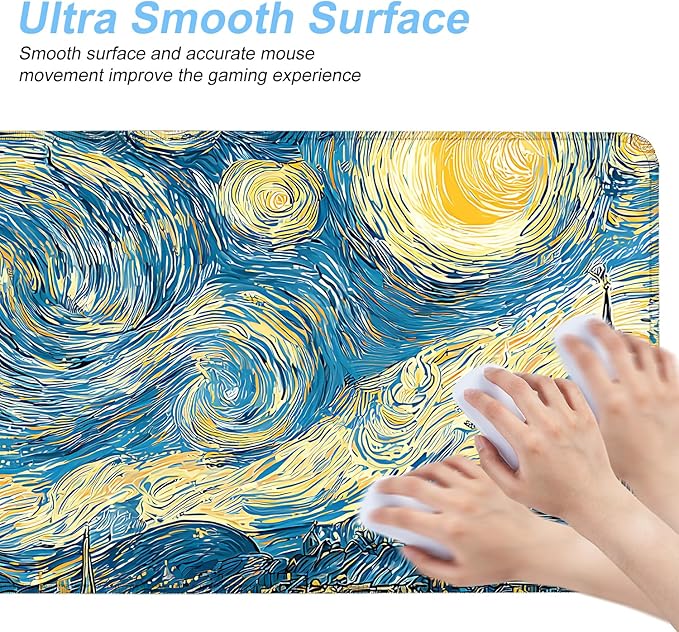 Vincent Van Gogh Starry Night Black Cat Mouse Pad – Large 31.5" x 11.8" Extended Desk Mat with Artistic Swirling Starry Sky Design, Non-Slip Rubber Base, Smooth Surface for Gaming & Office