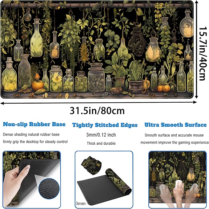 Desk Mat Green Plants Mouse Pad Gaming Mat Dark Keyboard Mat, Long Mouse Mat XXL Extended Desktop Mat Magical Bottles Computer Mats with Stitched Edges, Office Desk Accessory 31.5" x 15.7"
