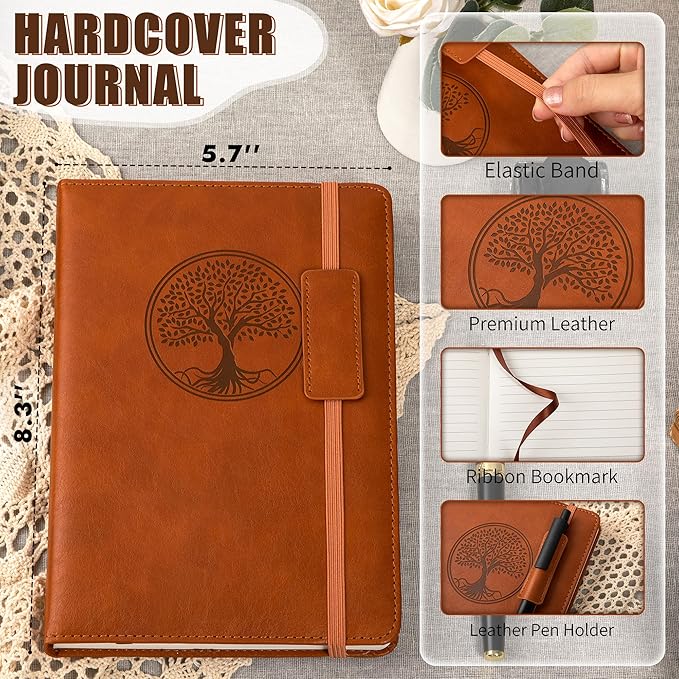 CAGIE Leather Lined Journal Notebooks for Work Tree of Life Journals for Writing, College Ruled Notebook with 256 Pages, 5.7"x8.3", Brown