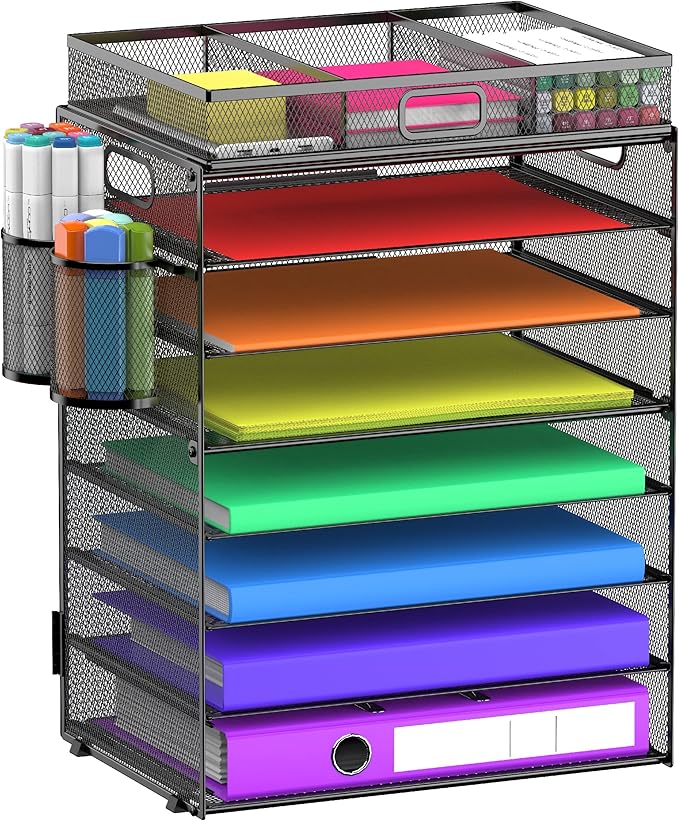 8 Tier Paper Letter Tray Organizer with Drawer & 2 Pen Holders, Mesh Desk File Holder Storage Organization for Home School Classroom & Office