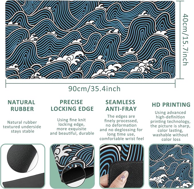 Extended Gaming Mouse Pad Abstract Ocean Waves Large Mousepad with Stitched Edges,Anti-Slip Rubber Base Keyboard Mouse Mat Desk Pad for Gaming Home Office 35.4 x 15.7 inches