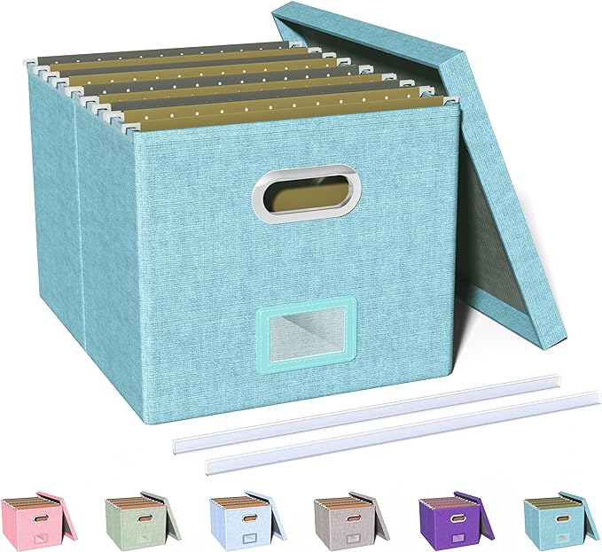 Oterri File Organizer Box,Filing Box with Lid,File Box for Letter/Legal File Folder Storage, Portable Hanging File Box for Office/Decor/Home,1 Pack,Light-blue-Box only