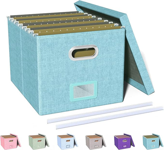 Oterri File Organizer Box,Filing Box with Lid,File Box for Letter/Legal File Folder Storage, Portable Hanging File Box for Office/Decor/Home,1 Pack,Light-blue-Box only