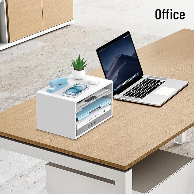 Wood Desk Organizer, 3 Tier Paper Tray Organizer for Desk with Adjustable Storage Shelves, Desktop Paper Sorter Mail Holder for Office Home Classroom, White