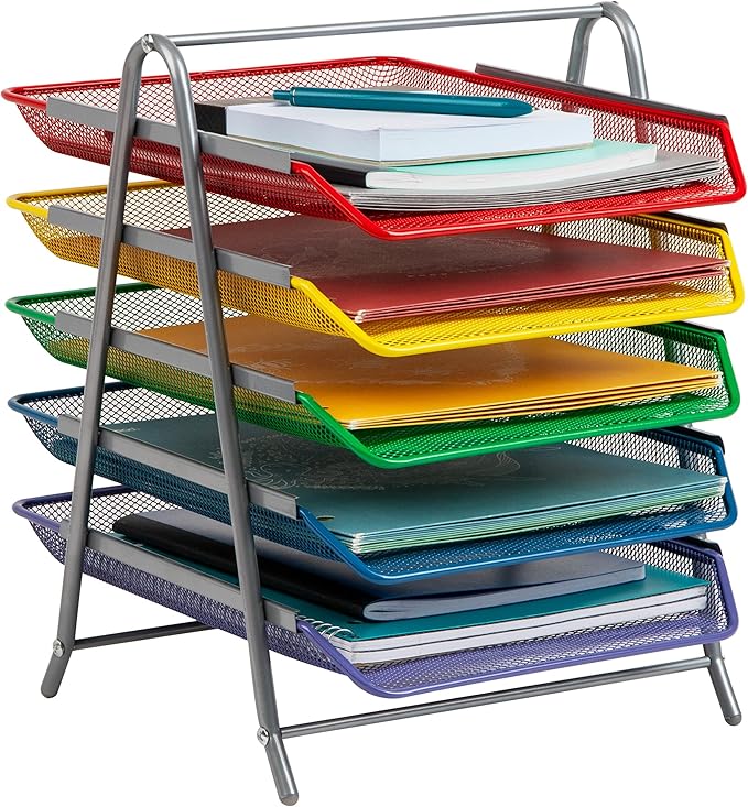 Mind Reader 5-Tier Paper Tray Organizer with Multicolor Trays, Classroom File Organizer for Teachers, Metal Mesh, Assorted Colors