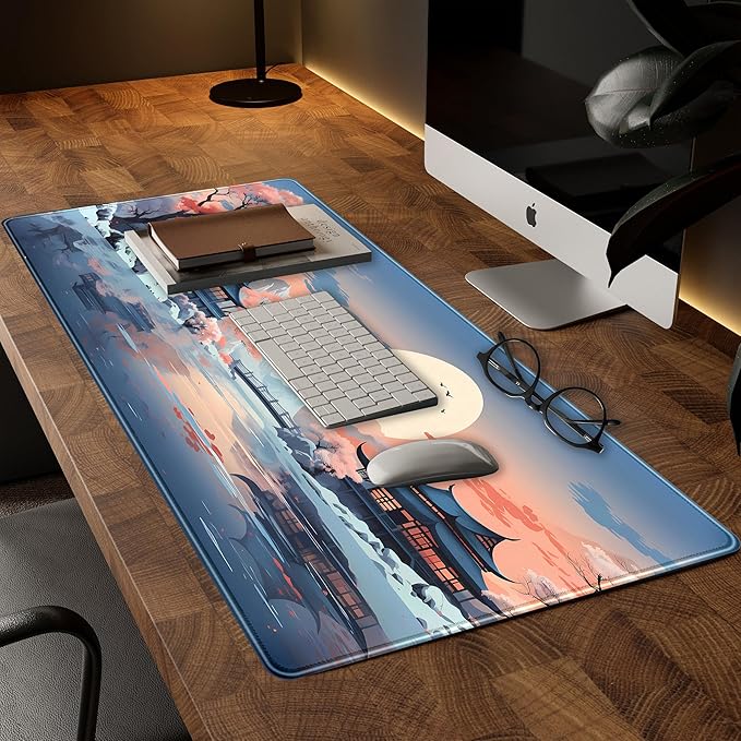 Kawaii Desk Mat Japan Desk Pad Extra Large Gaming Mouse Pad XXL, Computer Laptop Keyboard Pad Gamer Desk Setup, Pink and Blue Mouse Mats with Stitched Edges, Vintage Office Decor 31.5" x 15.7"