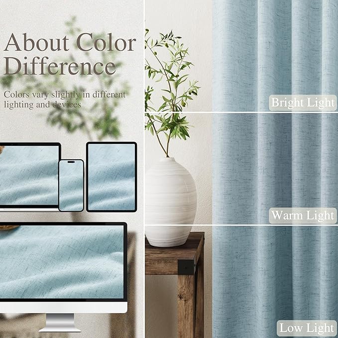 Light Blue Linen Blackout Curtains 108 Inches Long 2 Panel Set for Living Room Back Tab Pocket Drapes Cotton Textured Room Darkening Light Blocking Curtain for Bedroom Cottage High Window 52x108